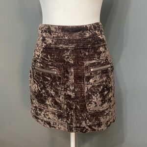 FREE PEOPLE Dust to Dust Smokey Brown Velvet Skirt Front Zipper Pockets 6 Retro
